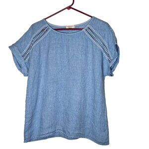 Bellambra Blue‎ Linen Cotton Crochet Accent Top Made In Italy S Boxy Lagenlook